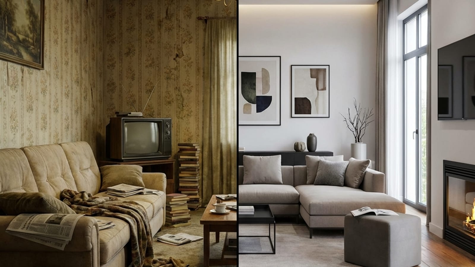 A living room shown before and after an AI redesign in Archify